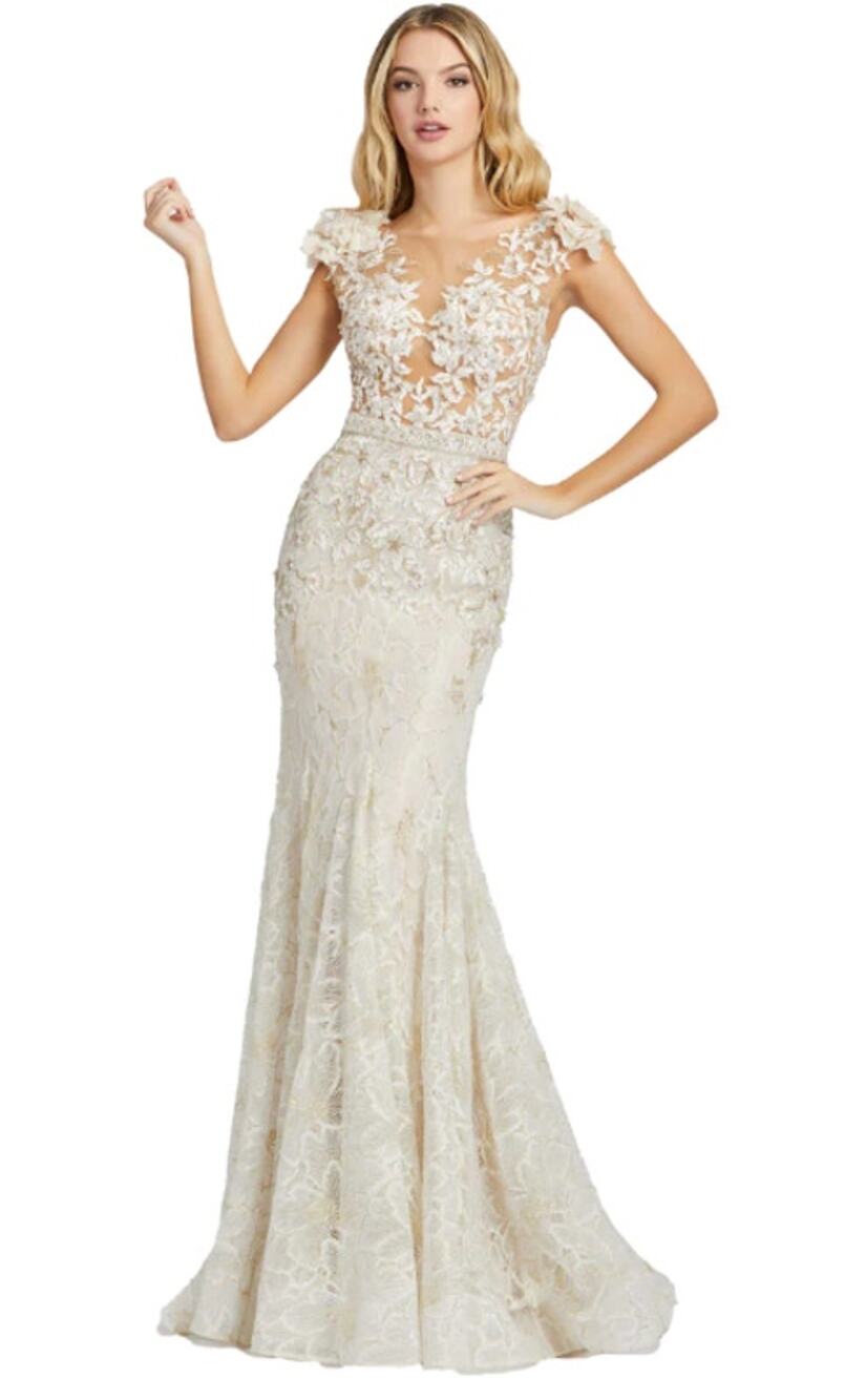 Mac Duggal 8 ivory nude High Neck Shoulder Flower Detail Mermaid gown wedding